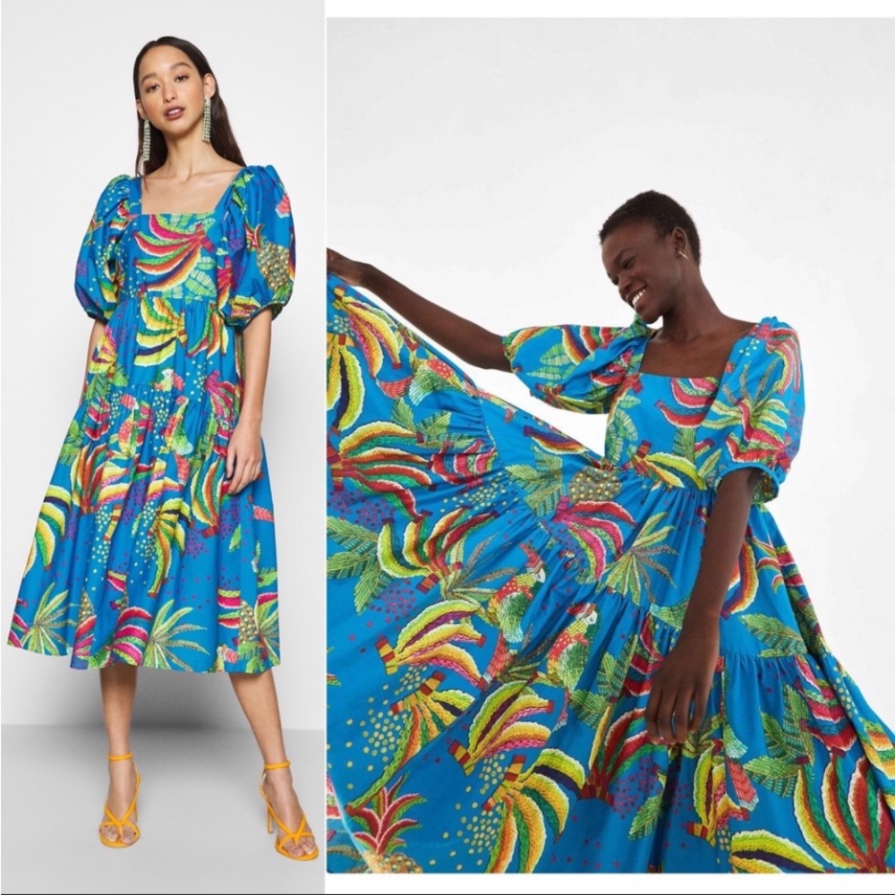 FARM RIO Midi Dress Tiered Square Neck Puff Sleeves Blue Tropical Banana Print L